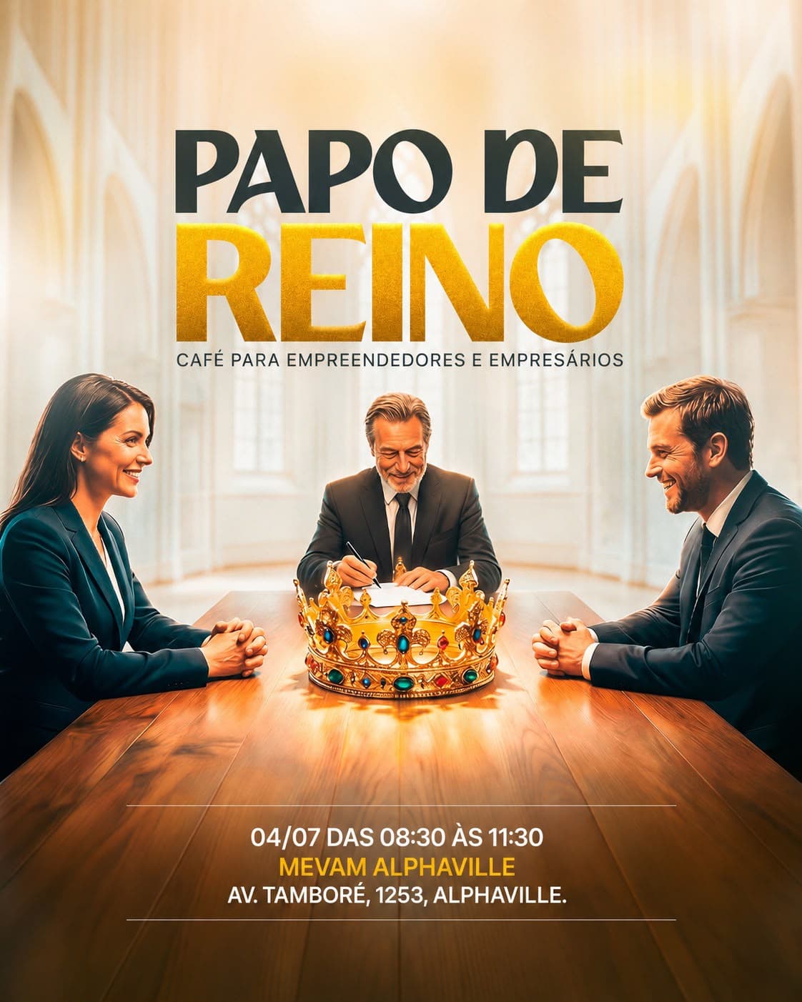 Pôster oficial do Papo de Reino: coroa dourada ao centro de uma mesa de madeira entre três empresários, catedral clara ao fundo